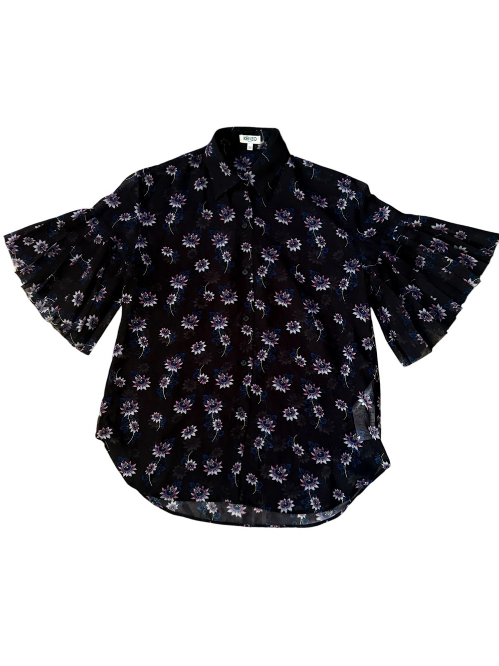 VTG KENZO Paris Black Sheer Chiffon Borantical Top Button Up Flare Sleeve 34 XS
